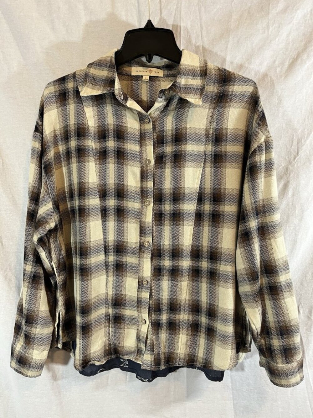 Penelope Rose Women’s Large Brown Plaid & Navy Floral Blouse